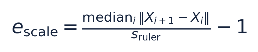 Scale error equals median triangulated adjacent-corner distance divided by ruler-measured square size, minus one