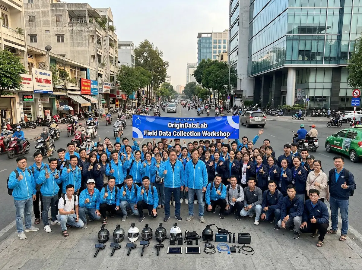 Vietnam urban data collection team operating in real-world traffic environments