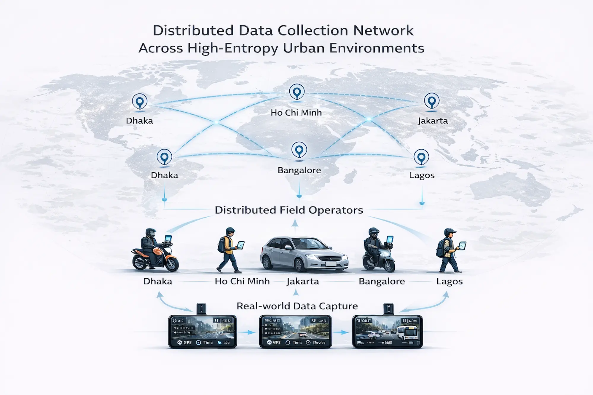 Distributed global field network collecting real-world urban data across multiple cities for large-scale dataset generation