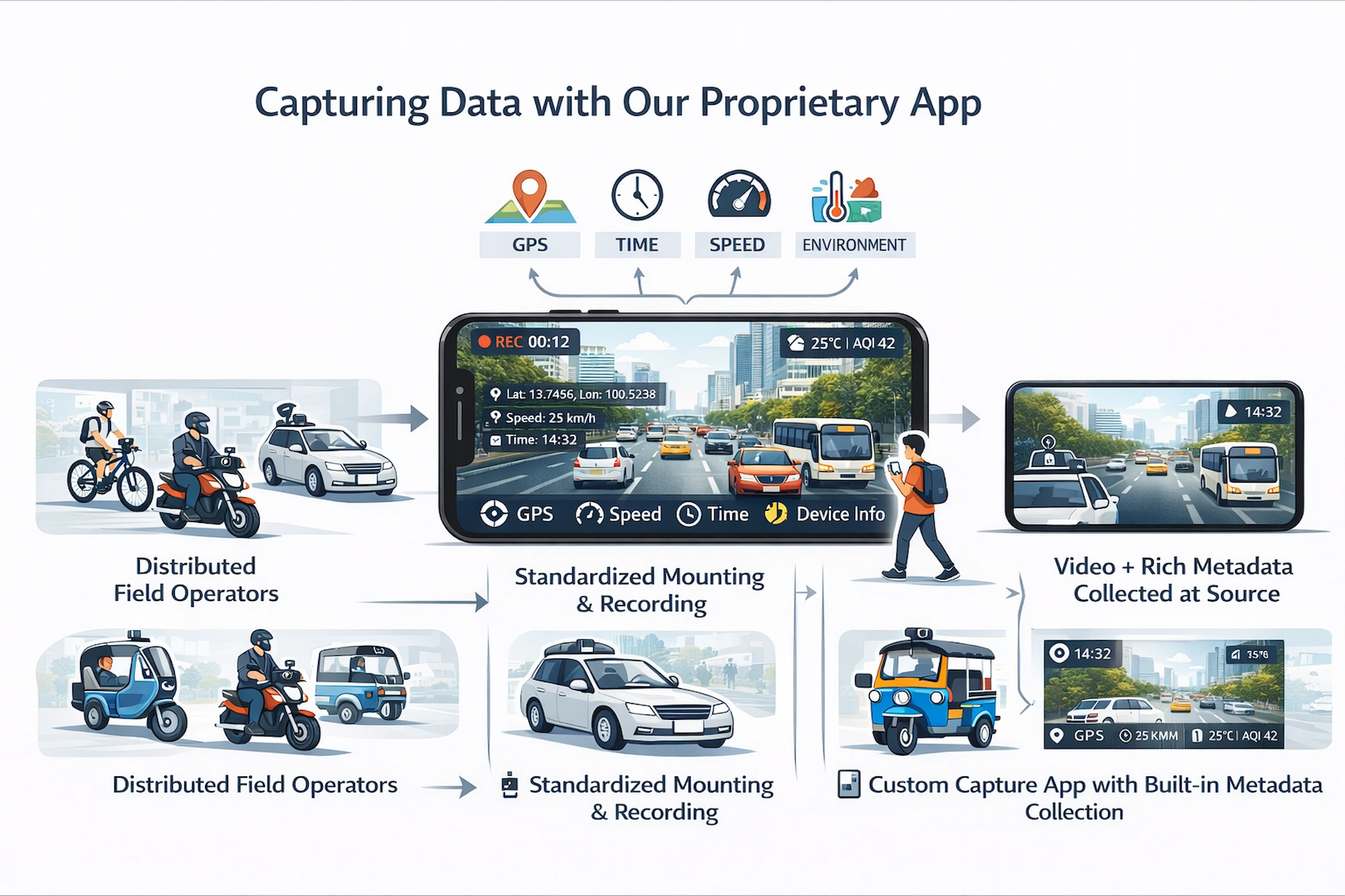 Field data capture using proprietary mobile app collecting video and structured metadata from real-world urban environments