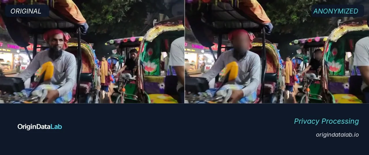 Before and after privacy anonymization example showing automated face processing in challenging real-world footage