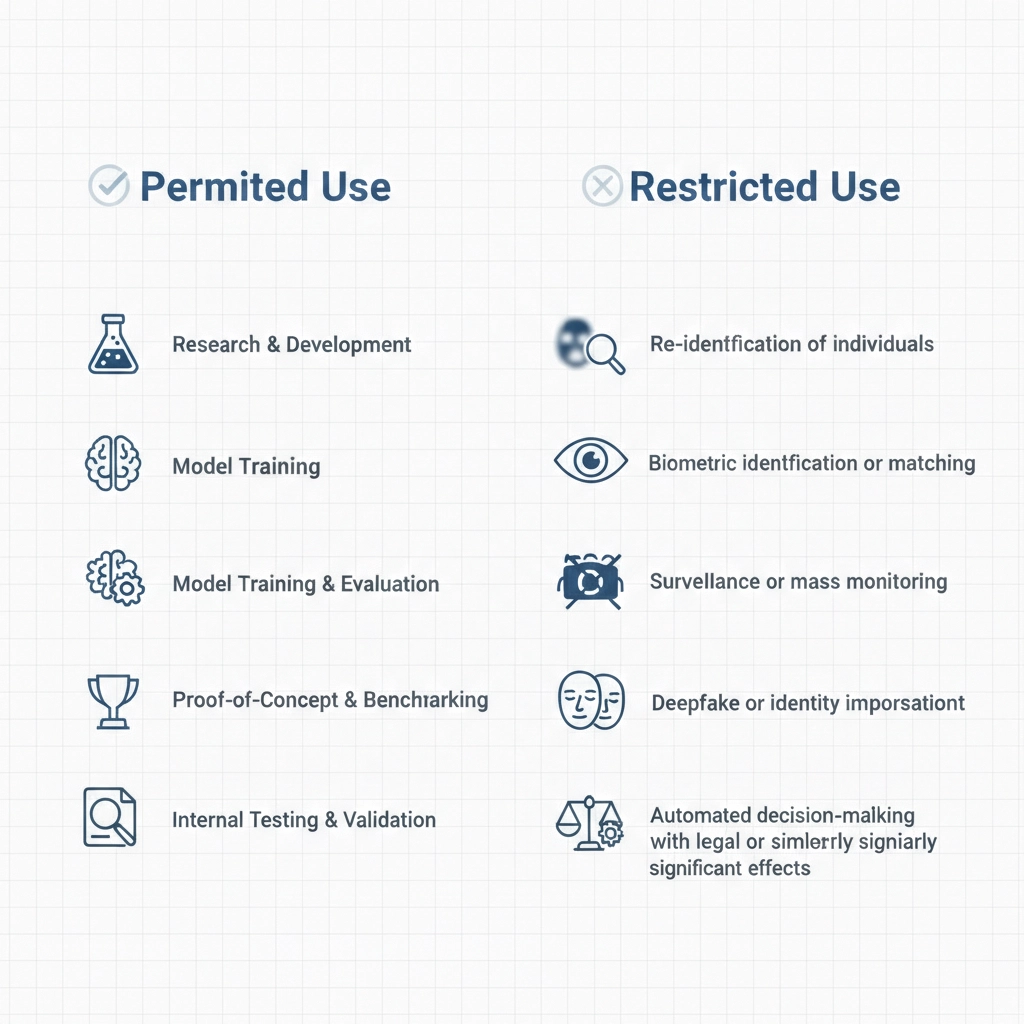 Usage policy diagram comparing permitted and restricted dataset use cases for legal review