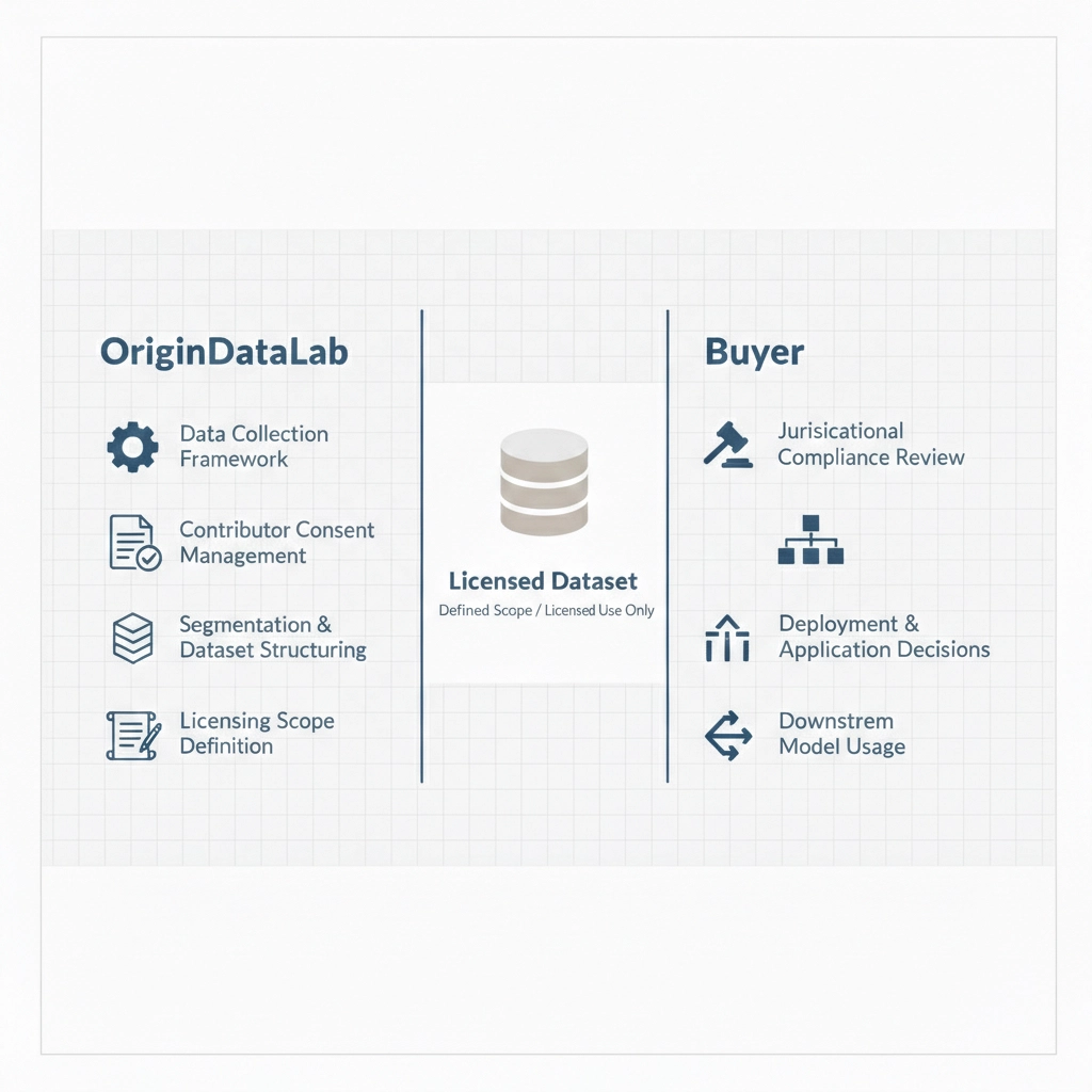 Responsibility boundary diagram showing dataset provider obligations and buyer-controlled downstream use
