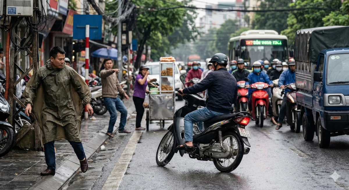 Real-world driving context scene showing continuous urban traffic environment