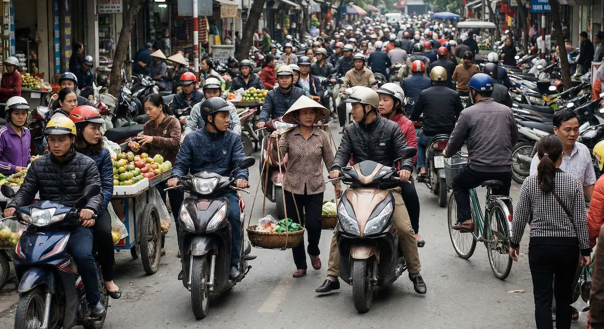 Dense interaction between pedestrians, motorcycles, and vehicles in urban traffic