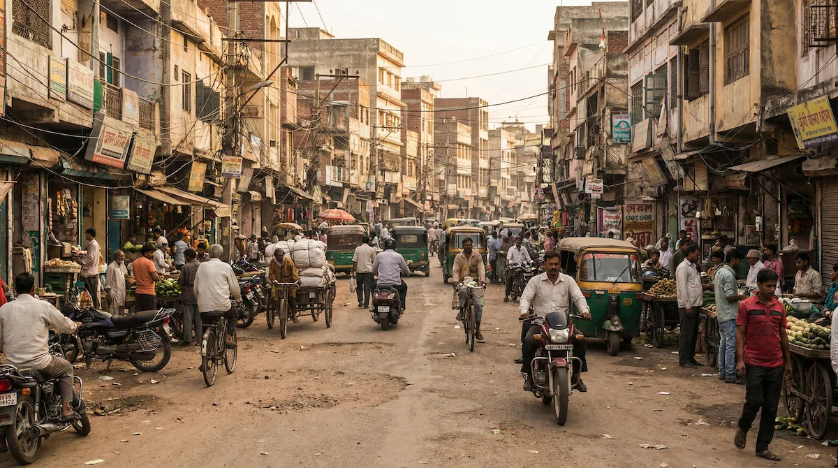 High-density urban traffic environment with mixed road users in a real-world street scene